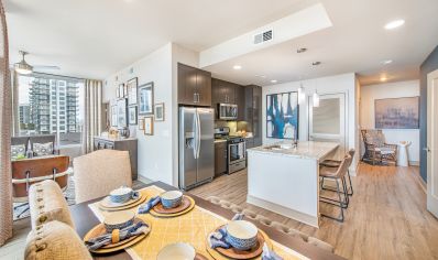 Kitchen and dining area at MAA Midtown luxury apartment homes in Atlanta, GA