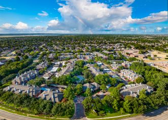 Property aerial at MAA Grand Courtyards luxury apartment homes in Gran Prairie, TX