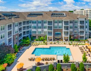 Aerial Pool View at Stonefield Commons in Charlotteville, VA