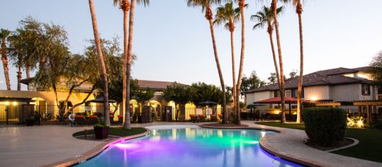 Pool at night at MAA City Gate luxury apartment homes in Phoenix, AZ