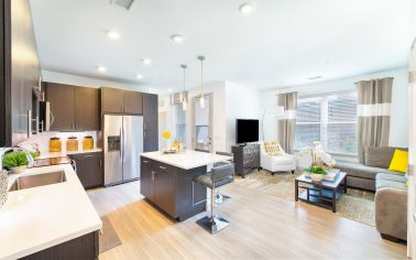 Living room and kitchen at Sync36 luxury apartment homes in Westminster, CO