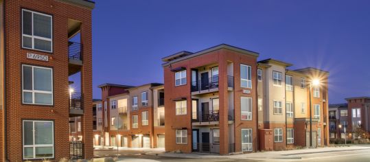 Exterior dusk at Sync36 luxury apartment homes in Westminster, CO