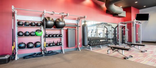 Free weights at Sync36 luxury apartment homes in Westminster, CO