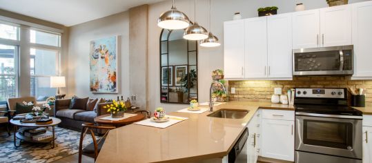 Living Room and Kitchen at Post River North luxury apartment homes in Denver, CO