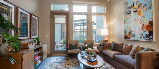 Living Room at Post River North luxury apartment homes in Denver, CO