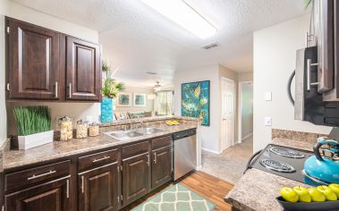 Upscale modern kitchen with stainless steel appliances and granite countertops at MAA Heathrow luxury apartments in Orlando, FL