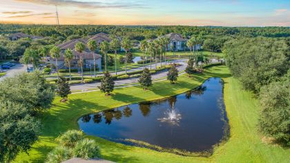 Pond with fountain at MAA Lake Nona luxury apartment homes in Orlando, FL