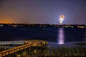 Lake view with fireworks at MAA Sand Lake in Orlando, FL