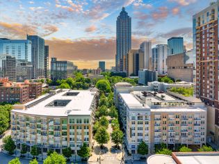 Property aerial at MAA Centennial Park luxury apartment homes in Atlanta, GA