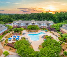 Aerial pool view at MAA Matthews Commons luxury apartment homes in Charlotte, NC