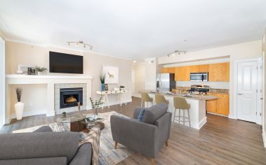 Kitchen and living area at MAA Abbey luxury apartment homes in Dallas, TX