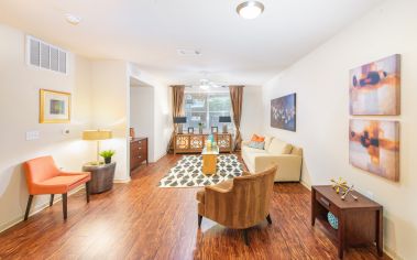 Side view of spacious living room with an open floorplan at MAA Heights luxury apartments in Dallas, TX