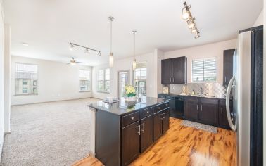 Kitchen and living area at MAA Vintage Park luxury apartment homes in Houston, TX