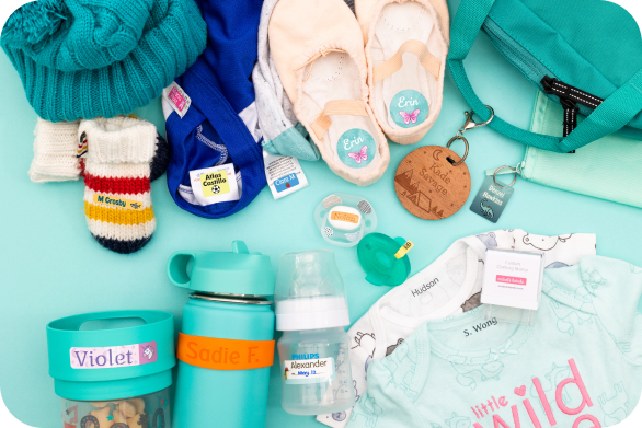 An assortment of clothing items attached with different types of Mabel's labels