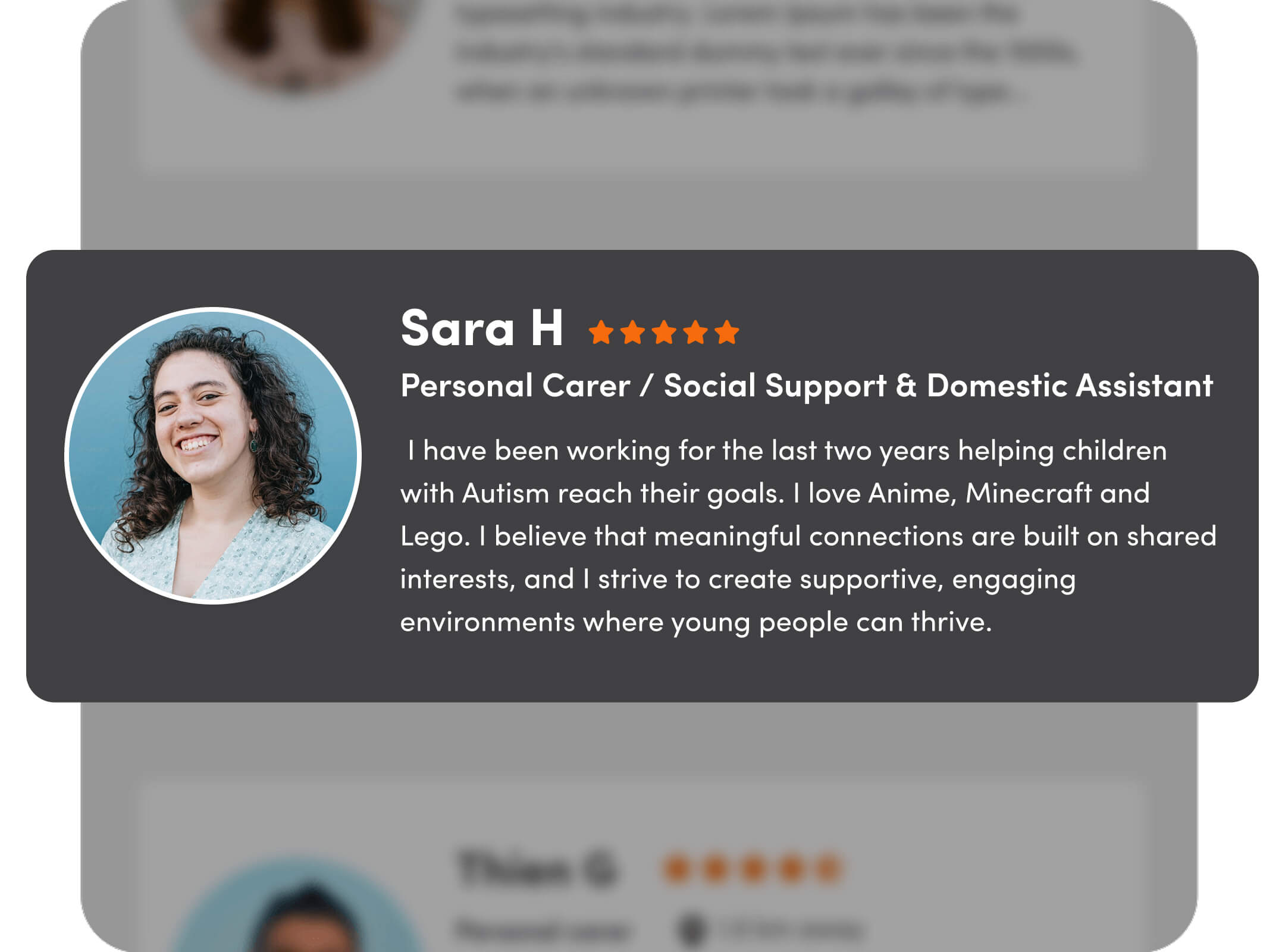 A support worker bio outlining the interests they have.