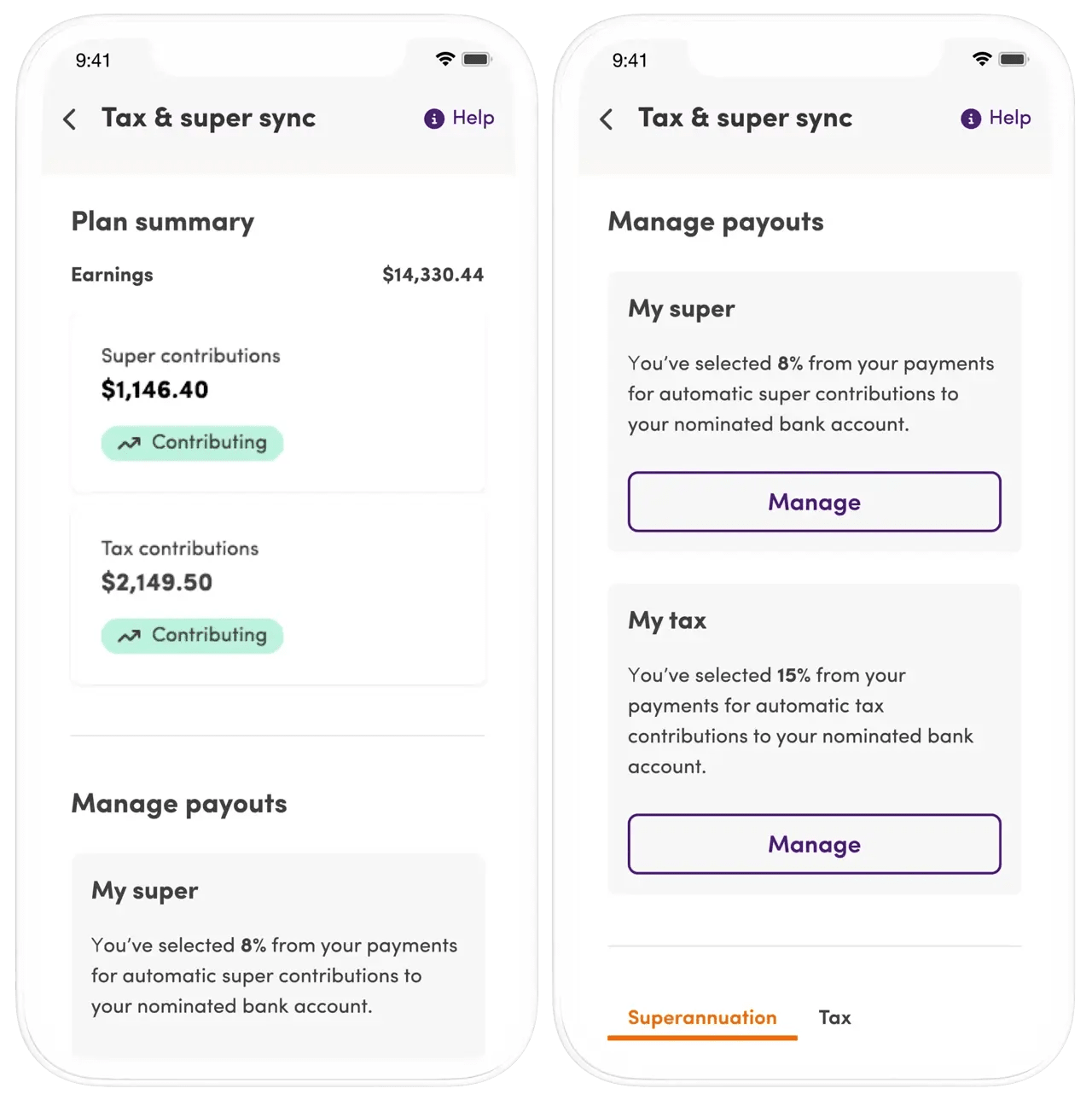 A screenshot of the Tax and Super Sync section of a Mable account.