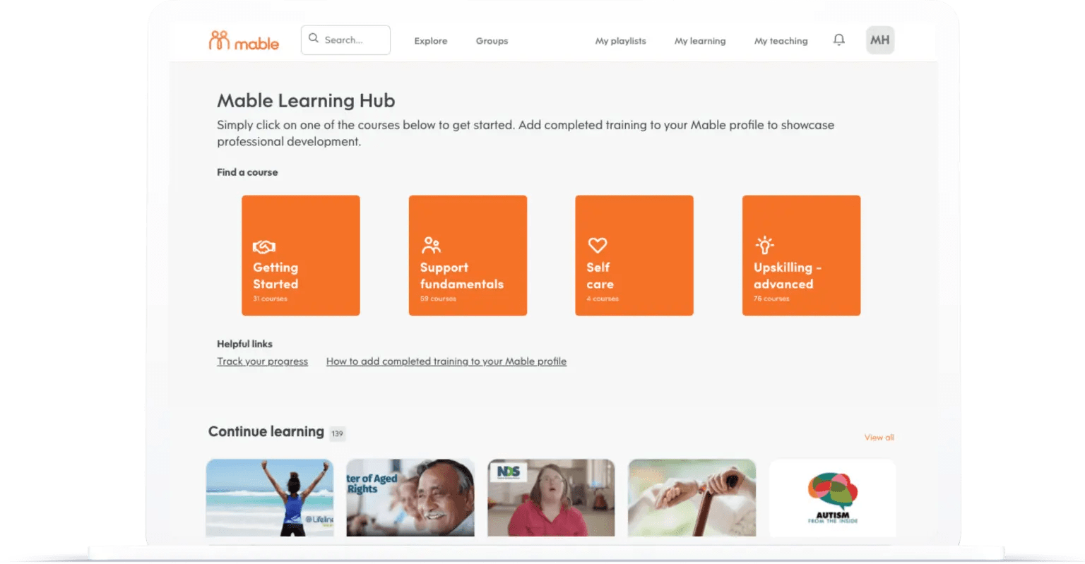 A laptop showing the Mable Learning Hub homepage.
