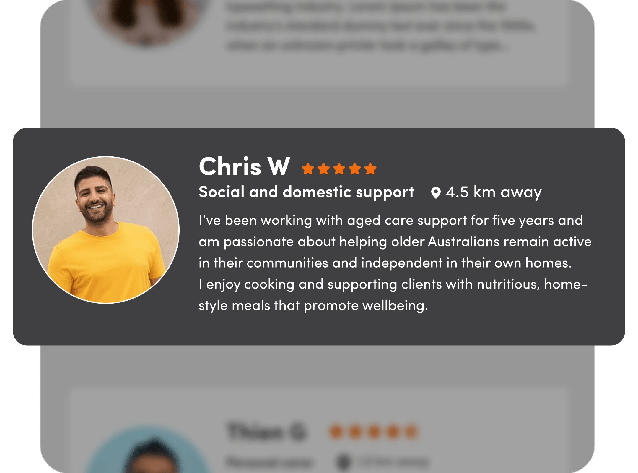 Worker profile on Mable – showing photo, rating and introduction.