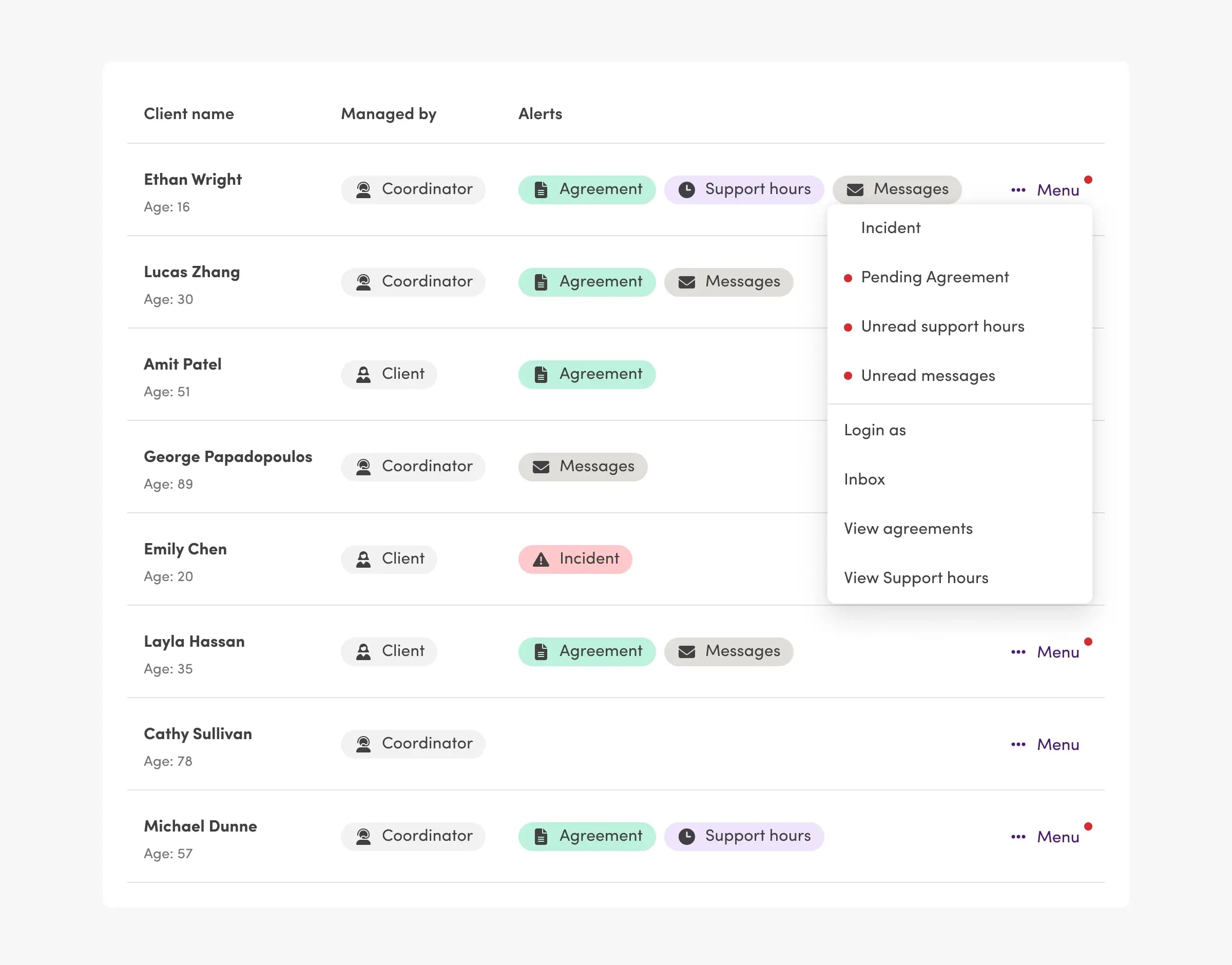 Review clients and agreements in a table view