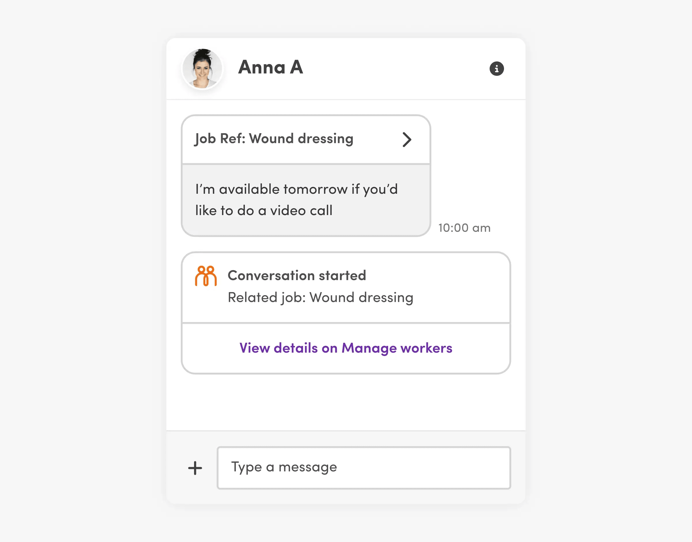 In-app message feature, showing the start of a conversation with a support worker.