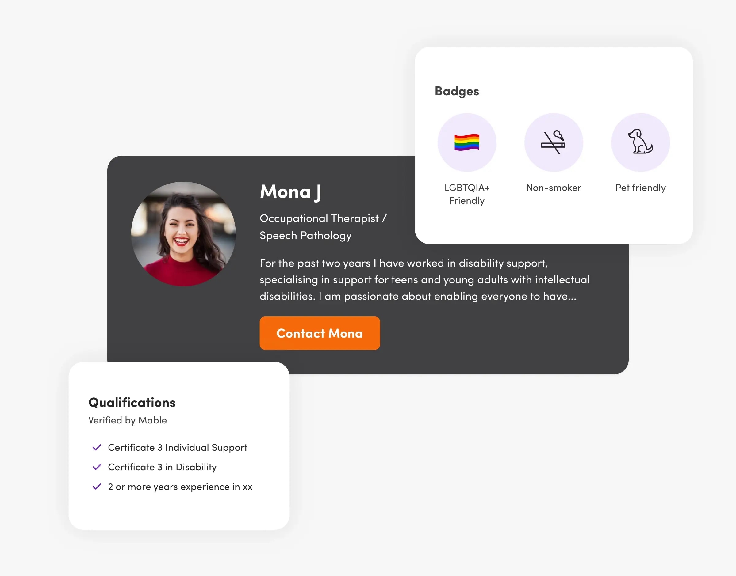 A support worker profile on the Mable platform.