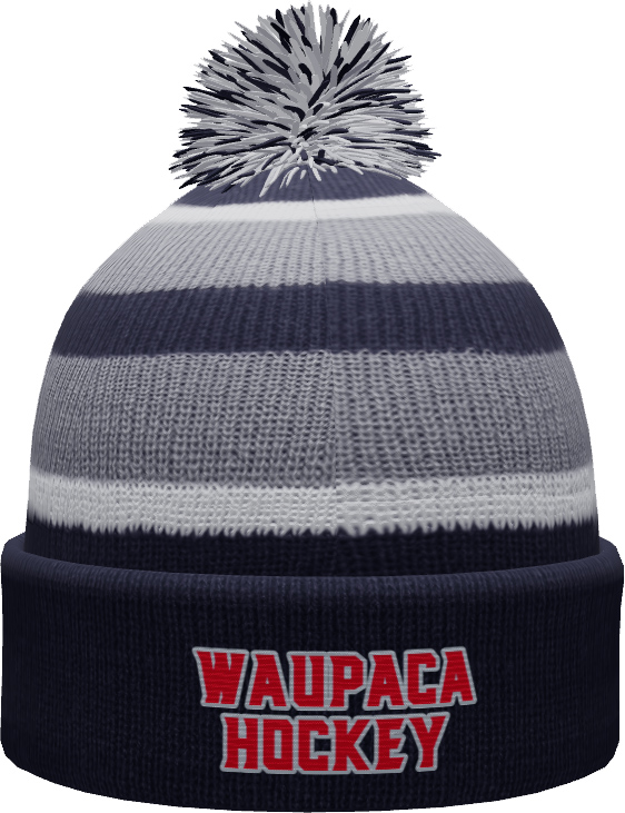 Navy/Silver/White Knit Fold Over Pom-Pom Beanie