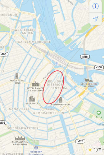 オランダ　飾り窓地区周辺の地図