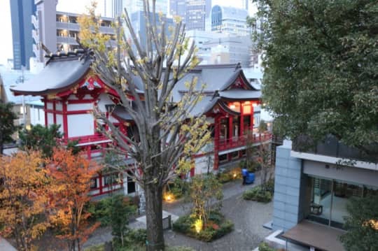 富士塚頂上より成子天神社本殿を見下ろす