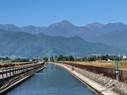 常念岳に向かって流れる拾ヶ堰