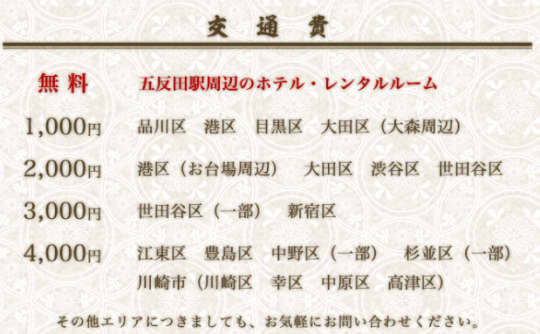 五反田回春堂の公式サイトの料金表