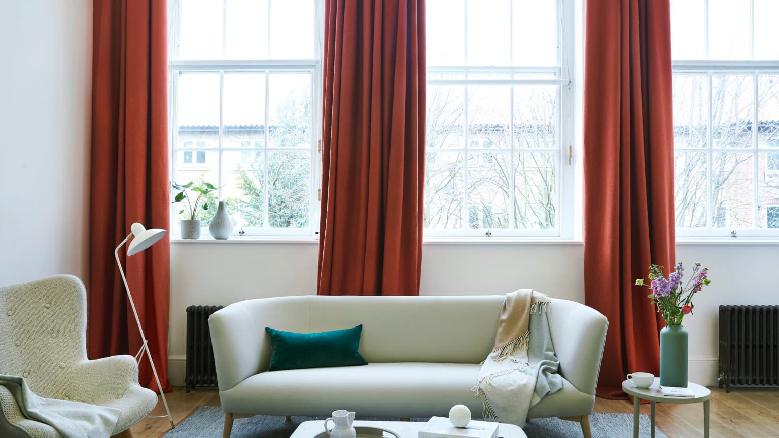 red living room curtains