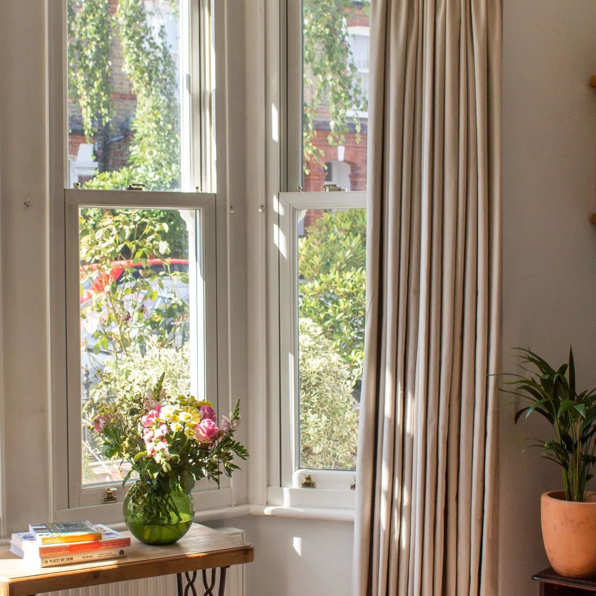cotton bay window curtains overlooking putney street