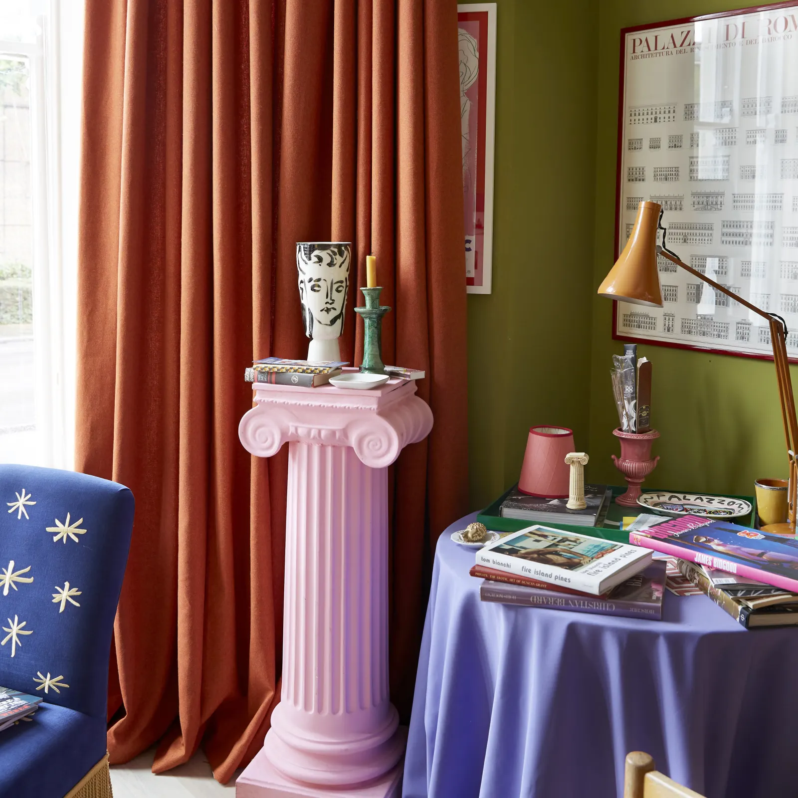 bay window curtain stackback