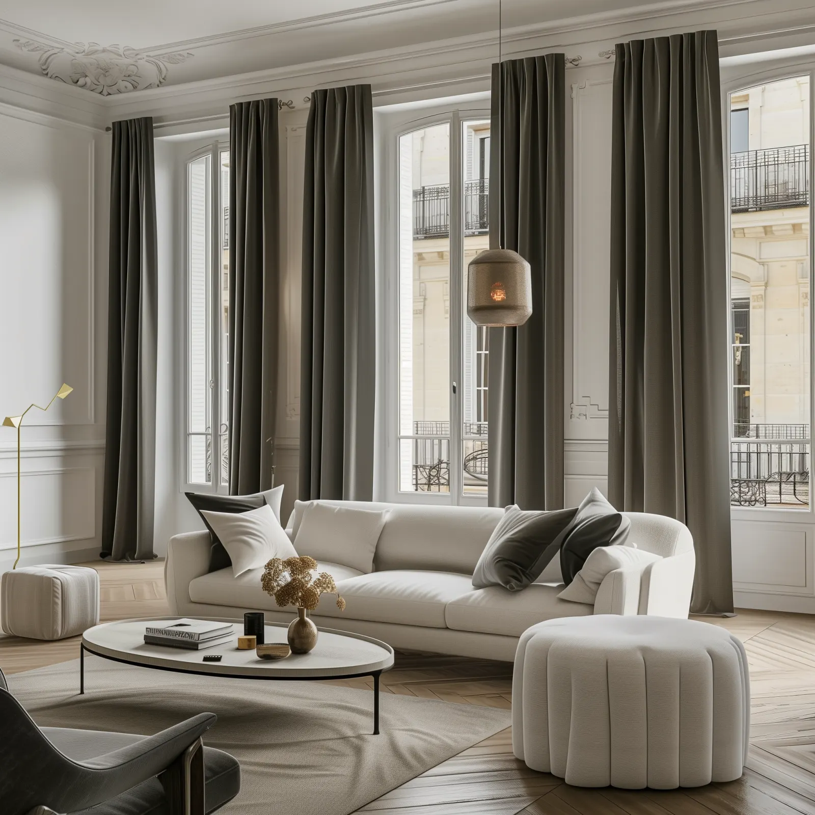 Light living room with light neutral curtains and purple sofa