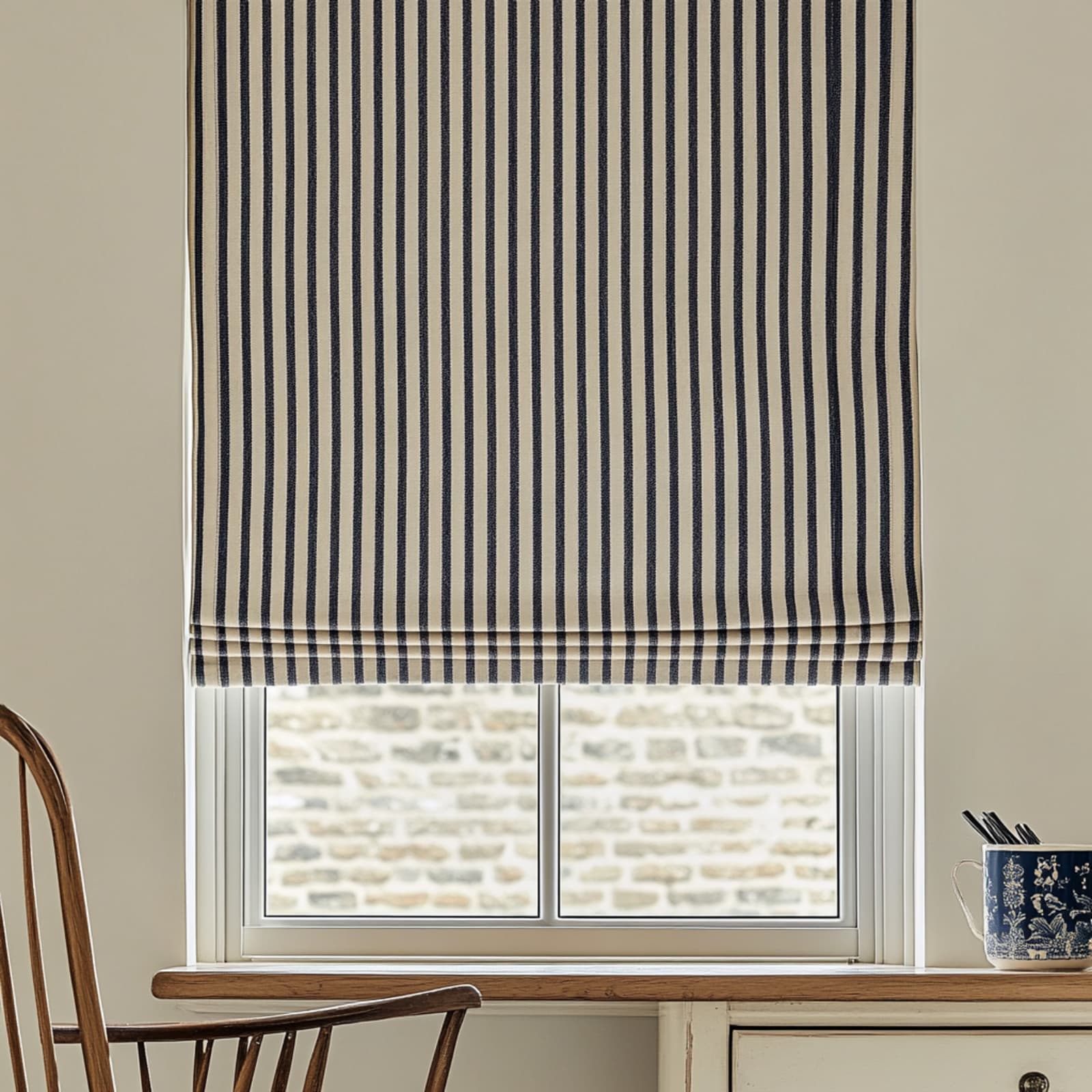 Ian Mankin Ticking 01, Black Made to Measure Roman Blind