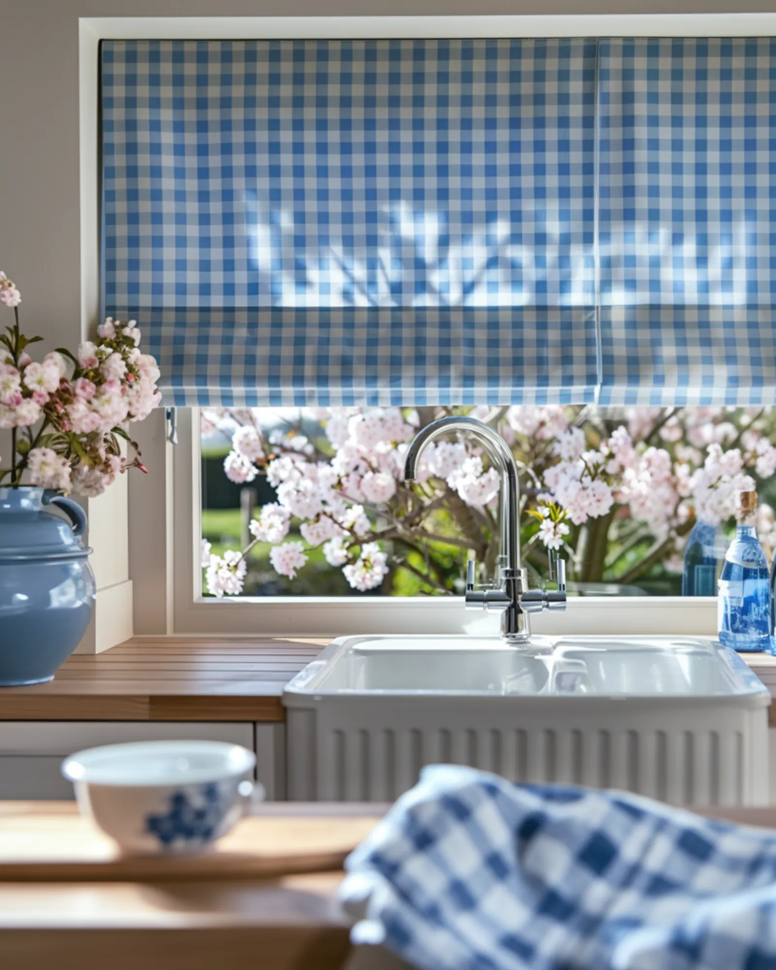 blue check kitchen roman blind