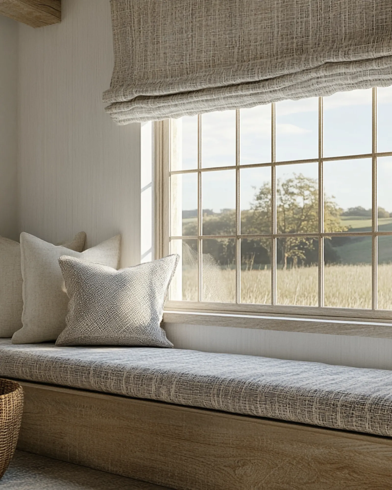 neutral linen and cotton roman blinds