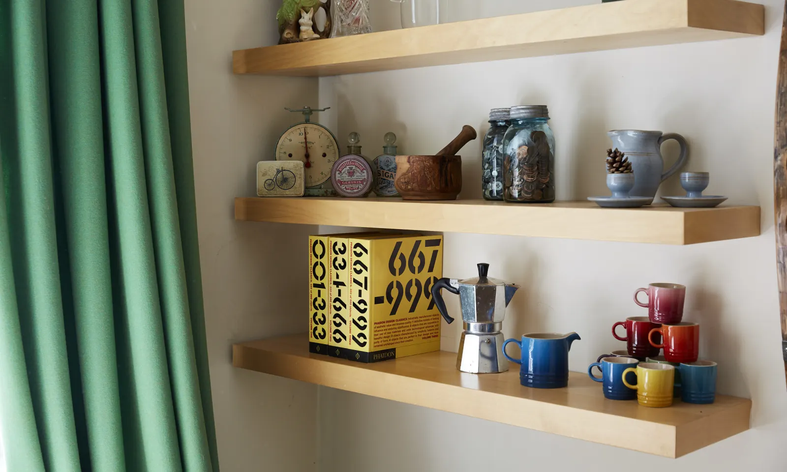 green curtains with retro accessories