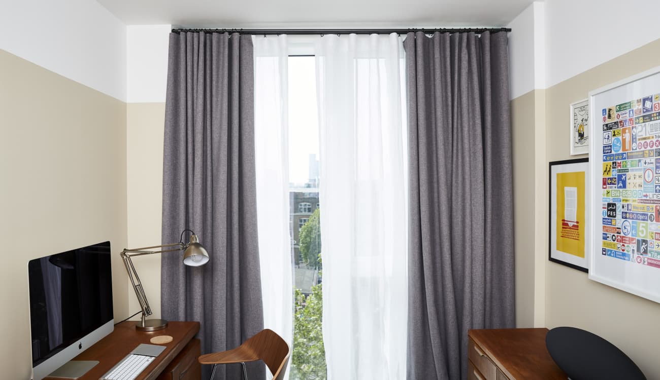 white sheers grey curtain office study space