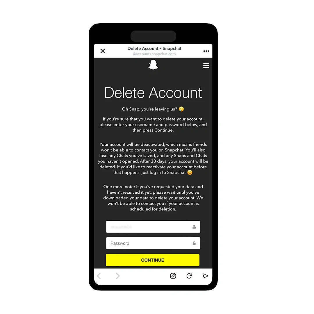 delete snapchat account on ios