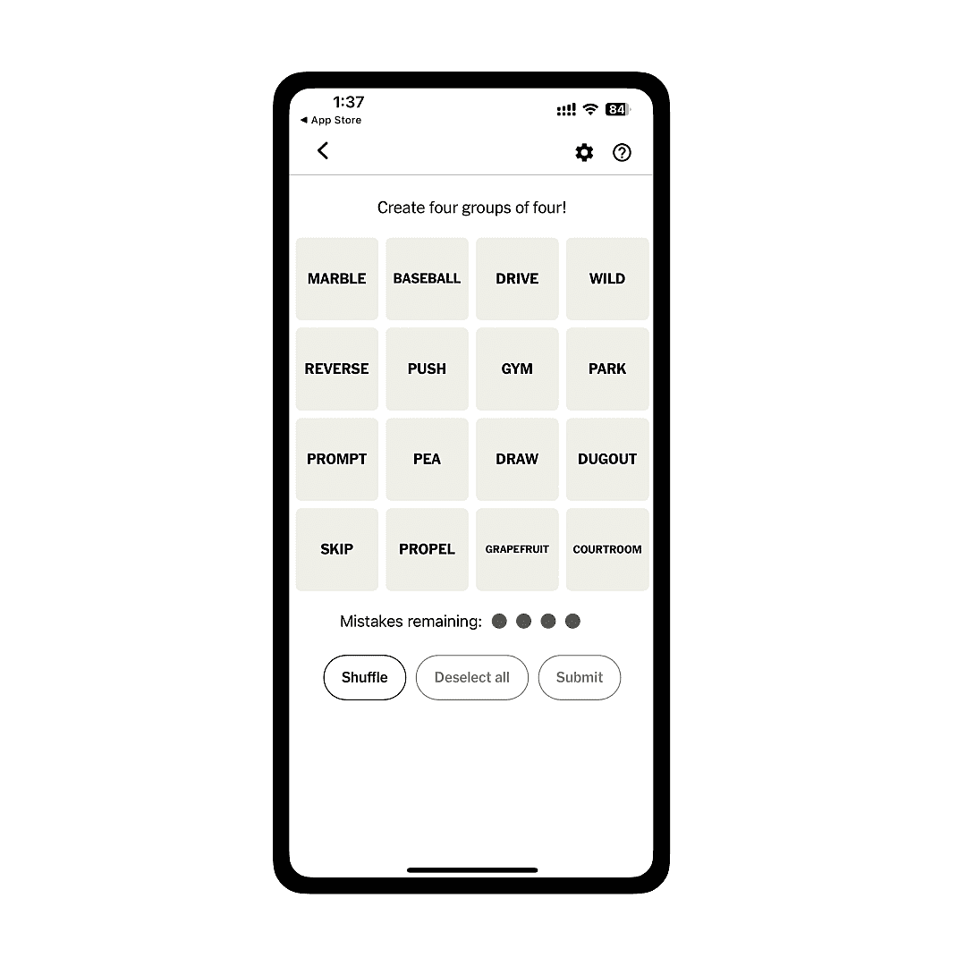 NYT Connections Game Screen - Create four groups of four