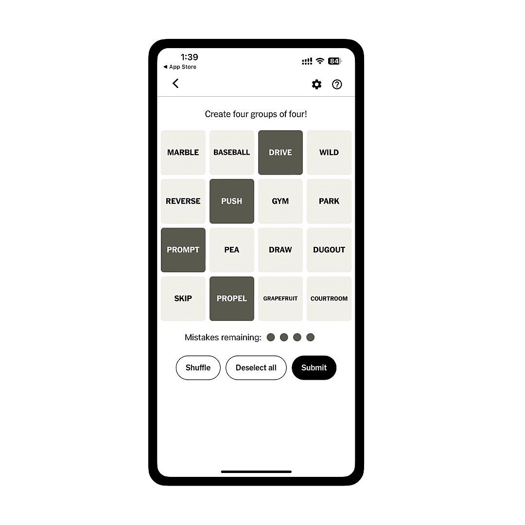 NYT Connections Game Screen - Create four groups of four