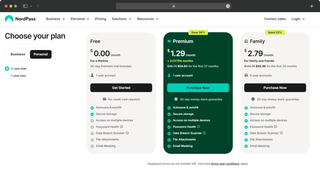 NordPass Plans and Prices
