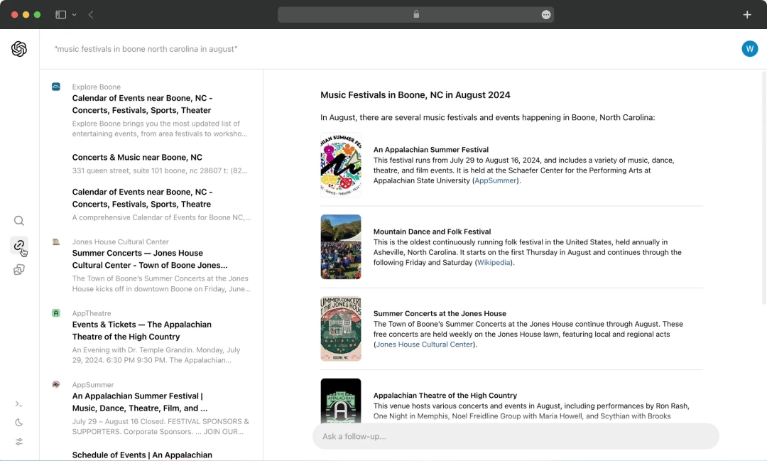 List of results in SearchGPT