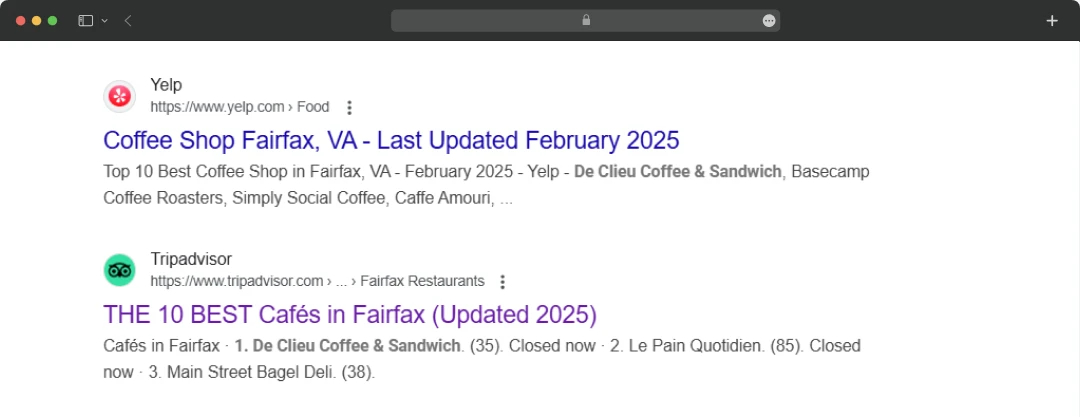 Google SERPs showing results for Best Cafes in Virginia
