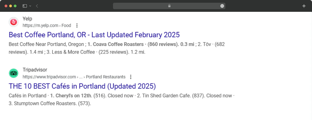 Google SERPs showing results for Best Cafes in Oregon