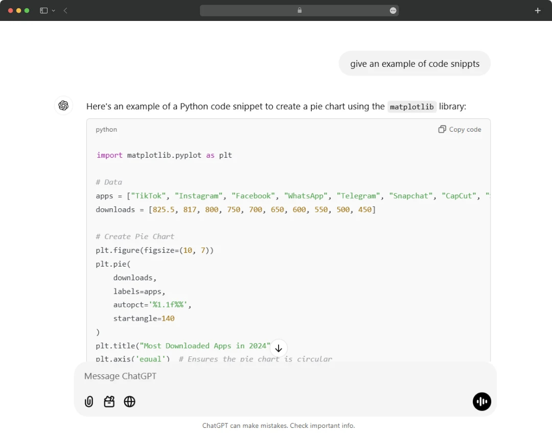 Example of code snippets in ChatGPT