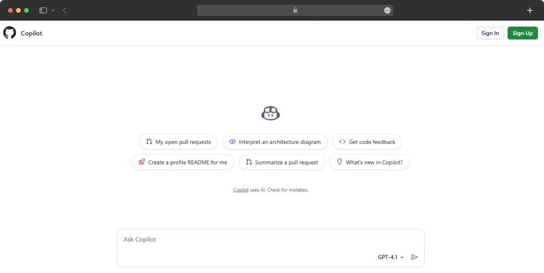GitHub Copilot home interface