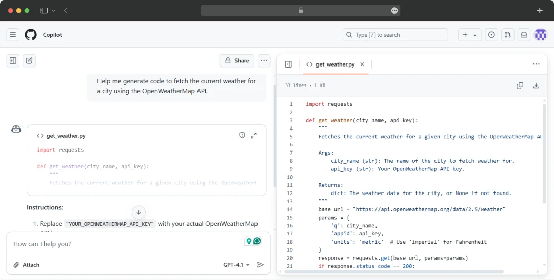 GitHub Copilot OpenWeatherMap API