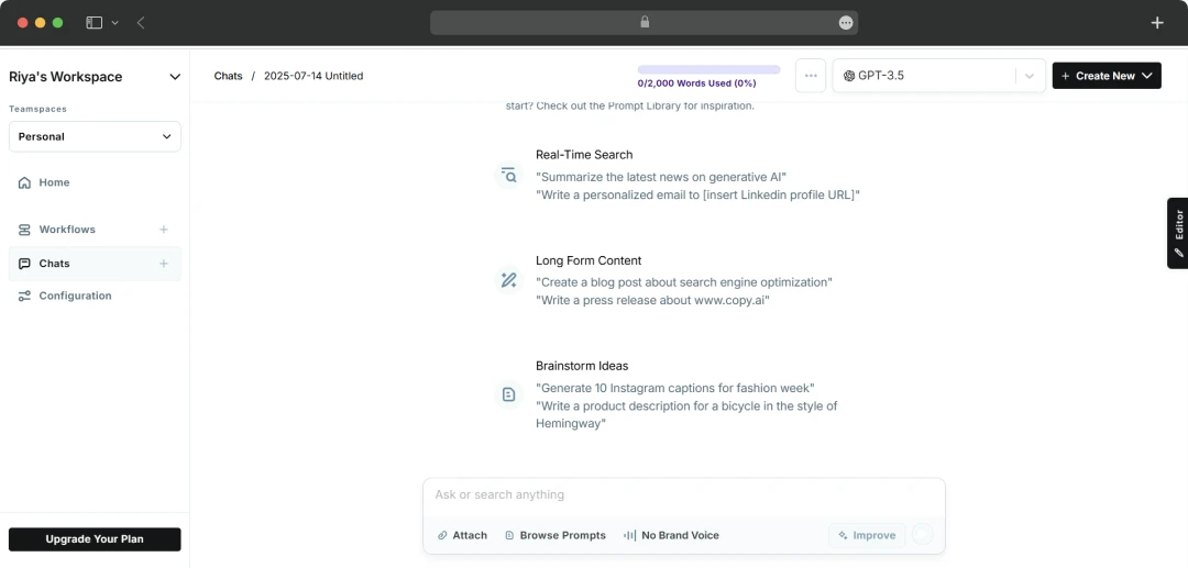 Copy.ai chat interface